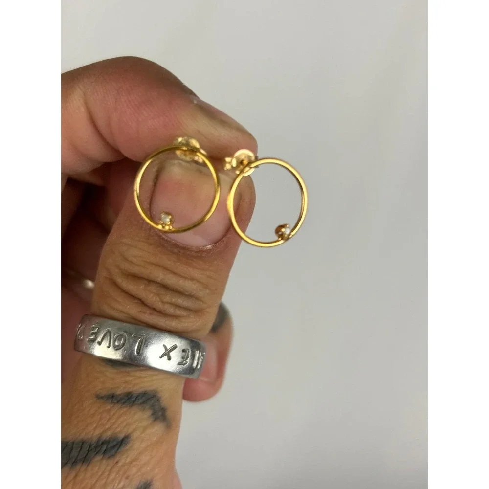 10K Gold Open Circle‎ Stud Earrings Tiny Stone Minimalist Dainty Vintage